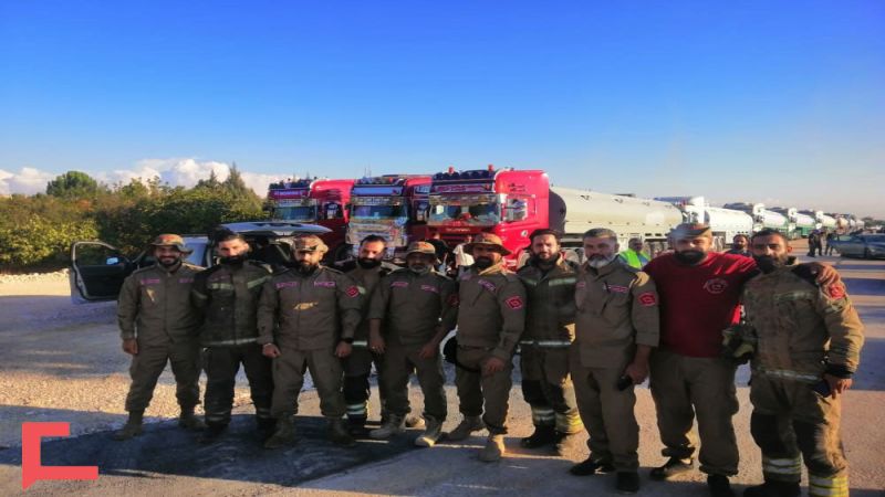 لبنان: فرق من فوج اطفاء الضاحية الجنوبية والدفاع المدني في الهيئة الصحية الاسلامية ترافق صهاريج كسر الحصار