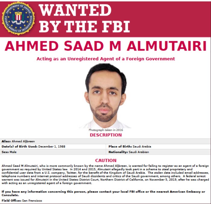 مكتب الـ FBI ينشر صور موظفين في "تويتر" متهمين بالتجسّس لصالح الرياض