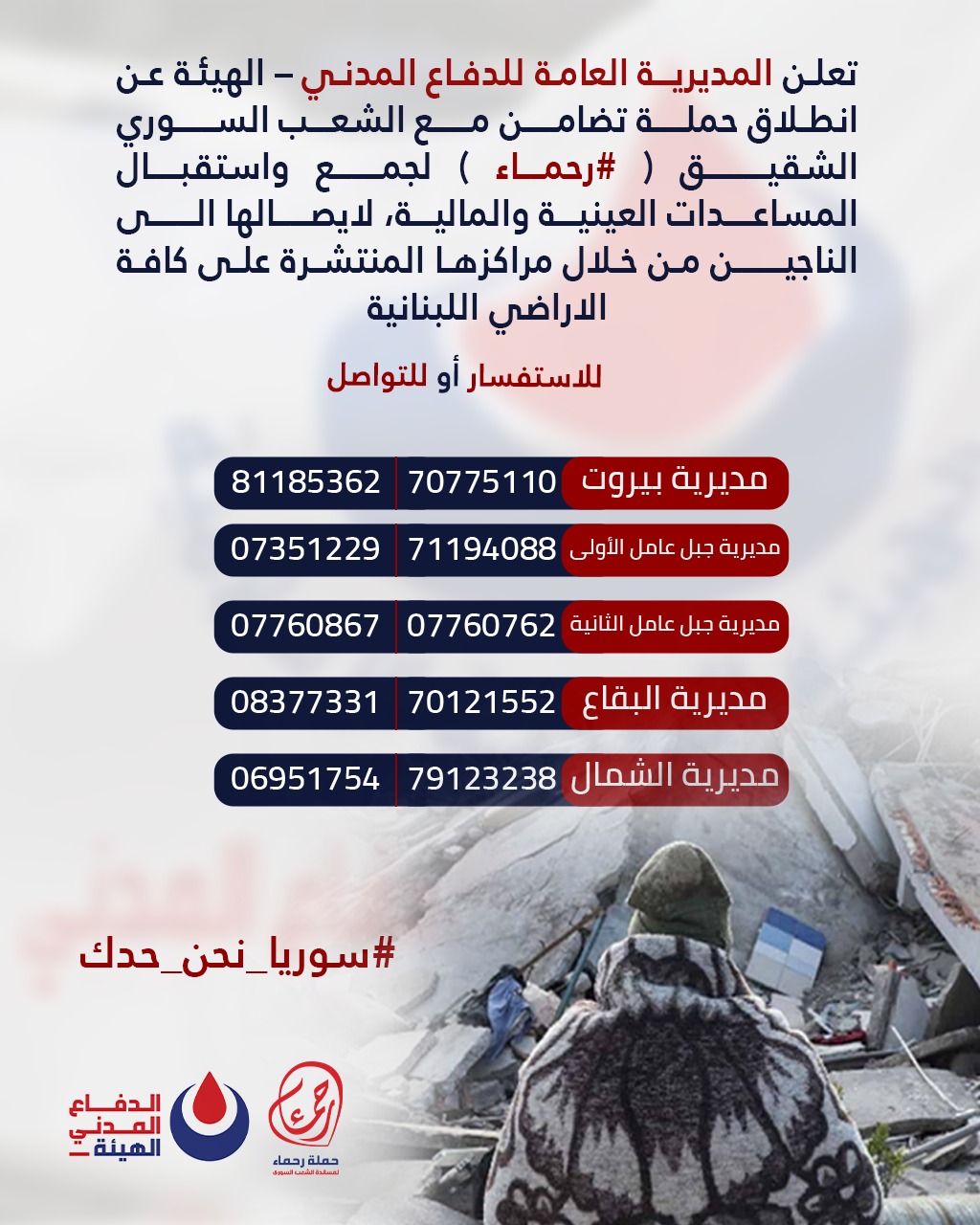 "رحماء".. حملة الدفاع المدني في الهيئة الصحية لمساعدة المنكوبين في سوريا